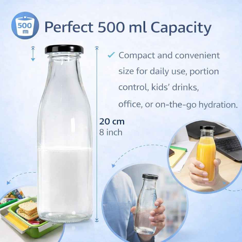 Lazer Glass Bottle | 500 ml | Leakproof Airtight for Milk, Juice & Water