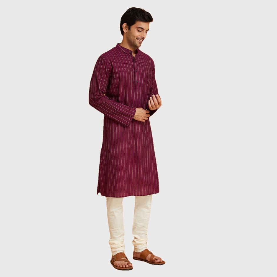 Fabindia Men's Long Kurta Cotton Dobby | Purple - XL