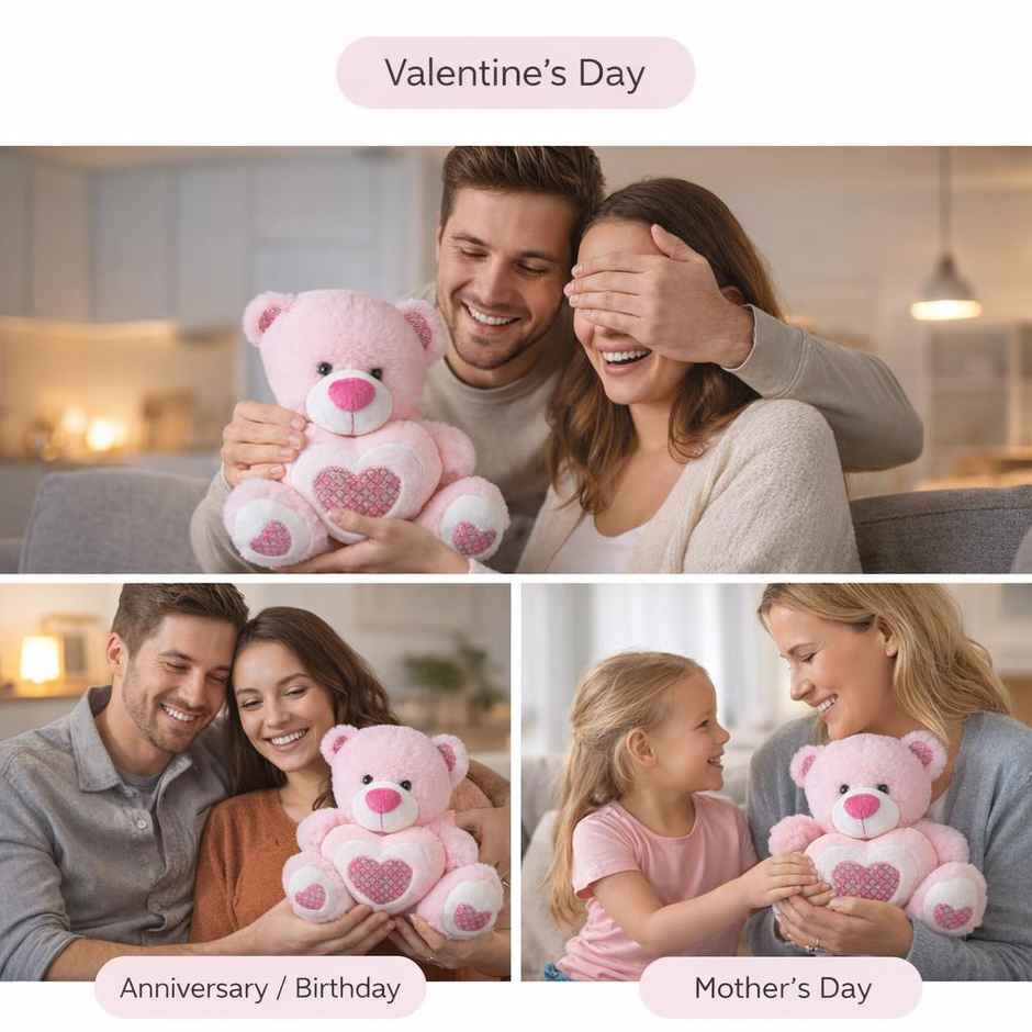 Hamleys Bear with Sparkle Heart Soft Plush Toy | Pink - 23 cm