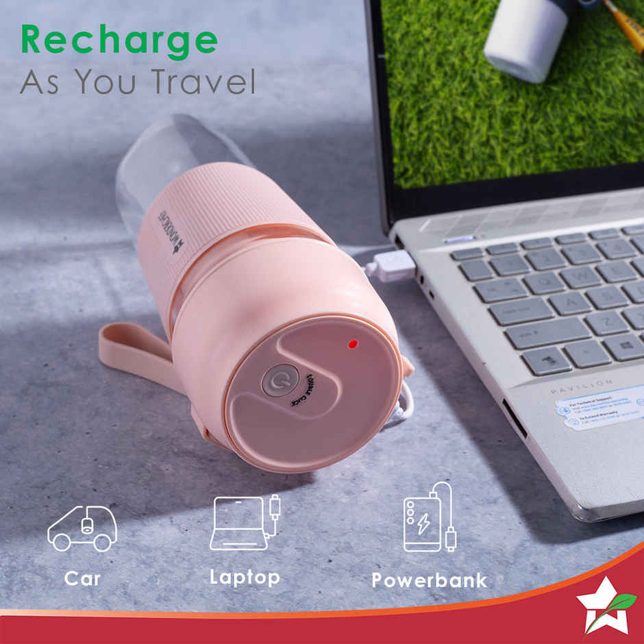 Wonderchef Nutri-Cup Portable Blender |40 Watts, 300Ml ,Usb Charging | Smoothie Maker | Ss Blades | Battery Operated Rechargeable Blender - Pink