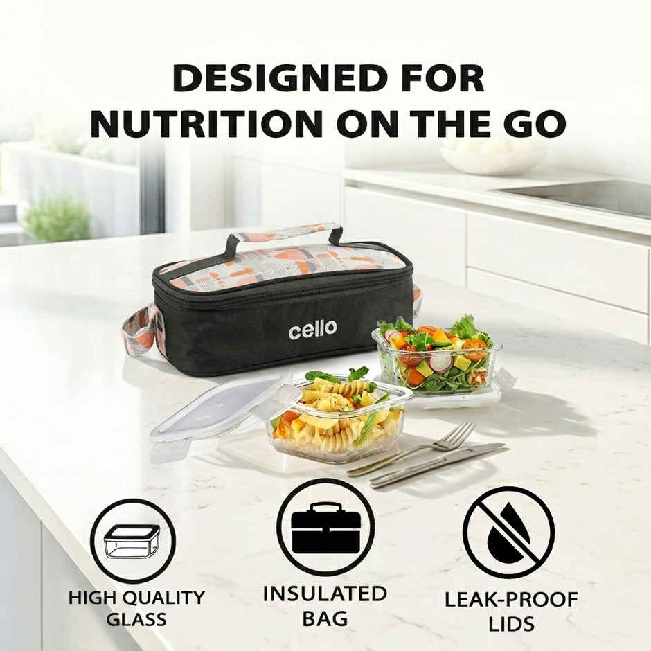 Cello Elegance Glass Lunch Box Set | 320 ml Each | Square Horizontal Design