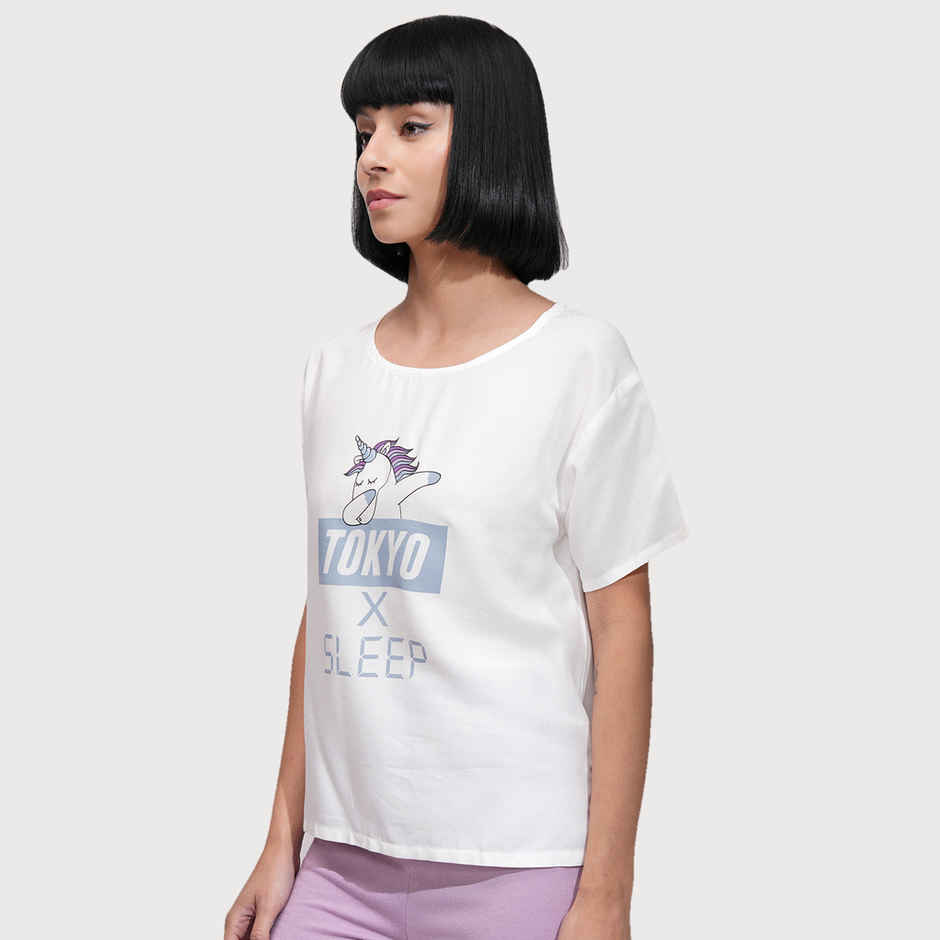 Tokyo Talkies Women's Graphic Printed Round Neck T-Shirt | White and Light Blue - M
