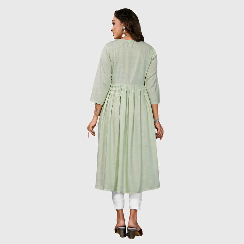 Rangita Women's Rayon Embroidered Flared Calf Length Kurta | Light Green - XL