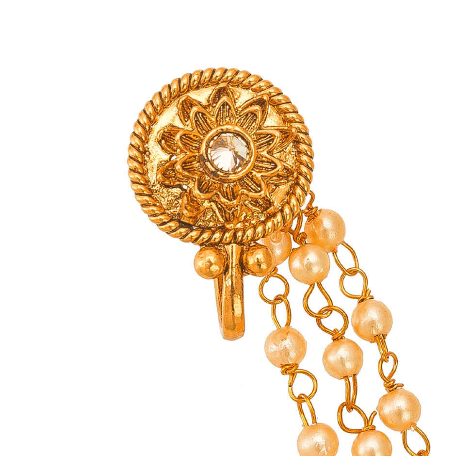 Aadita Traditional Long Chain Nose Pin- Gold Plated Nath with Kundan & Pearl for Bridal Wear