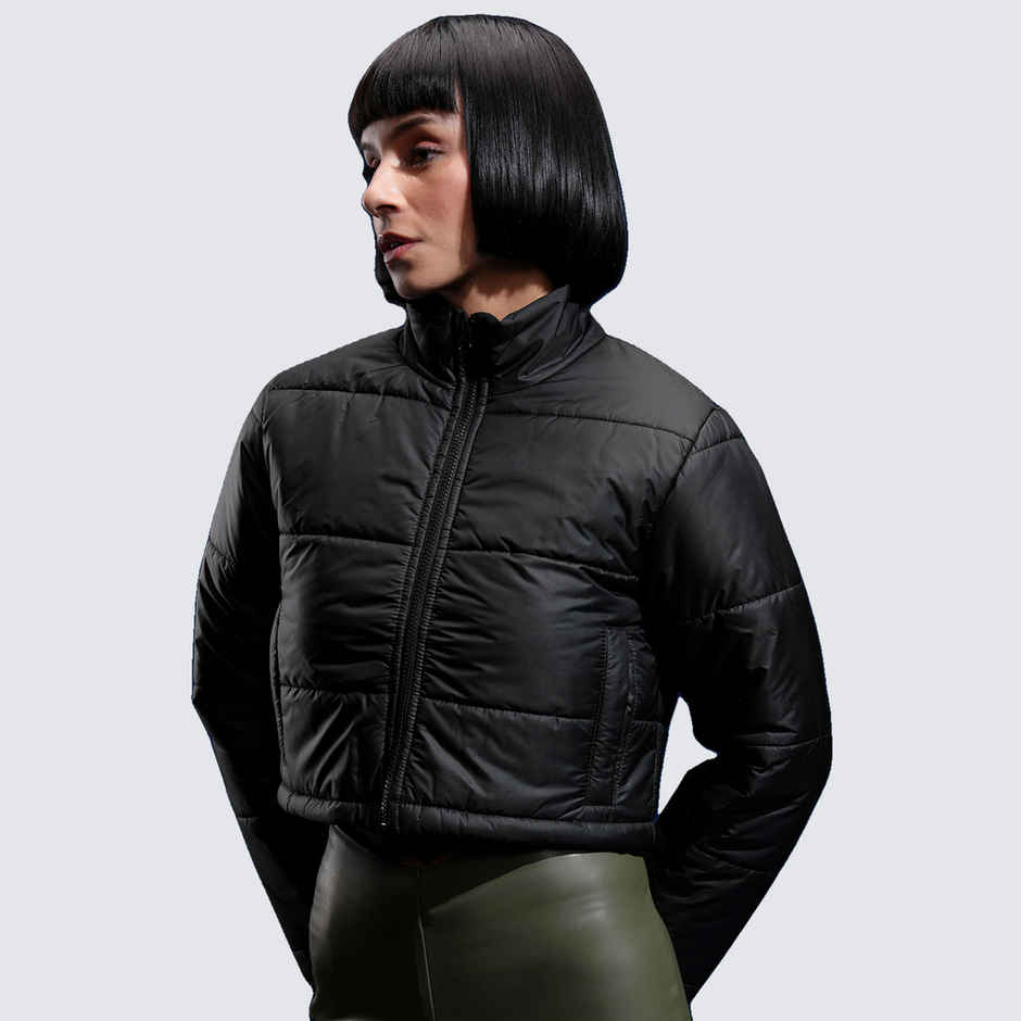 Tokyo Talkies Women's Mock Collar Solid Casual Puffer Jacket | Black - M