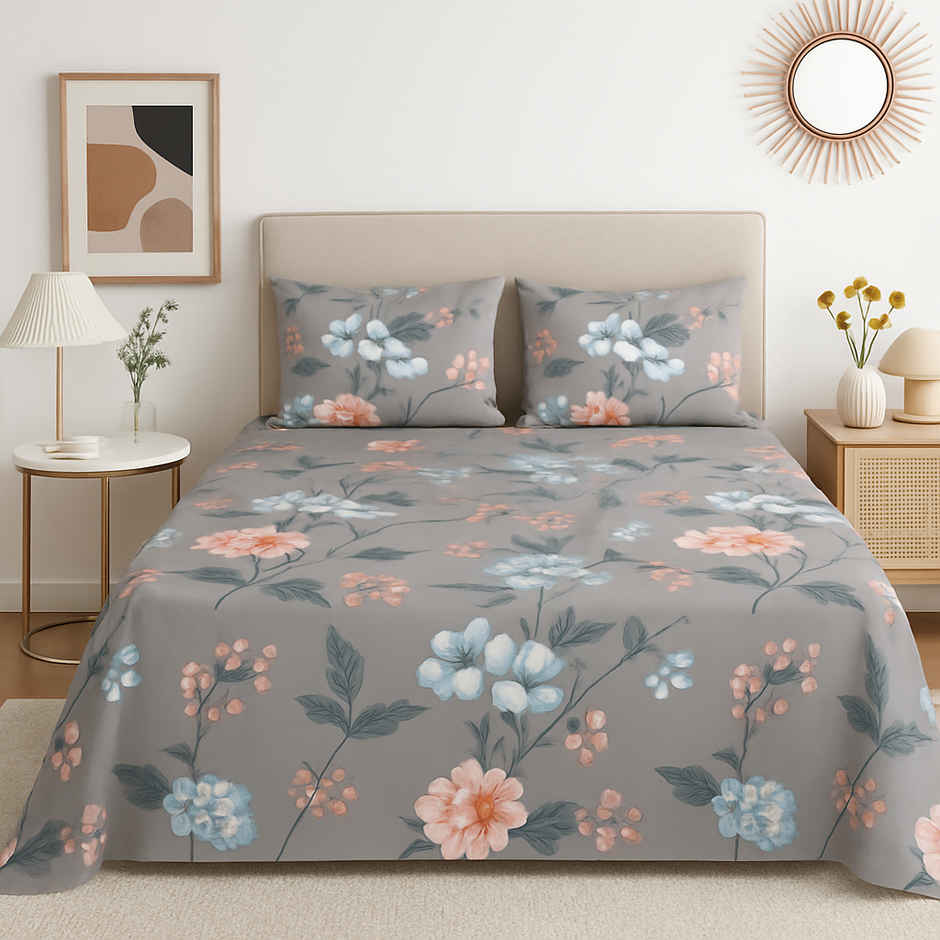 Elegant Weavers Sofia Double Cotton Floral Bedsheet | With 2 Pillow Covers | Grey | 85 x 91 in