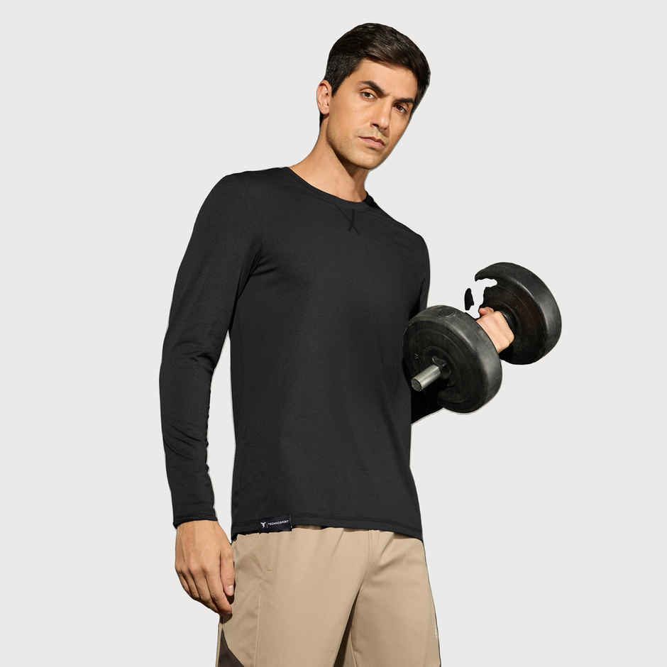 Technosport Men's Poly Solid Slim Fit Round Neck Full Sleeve Sports T-shirt | Black - XL