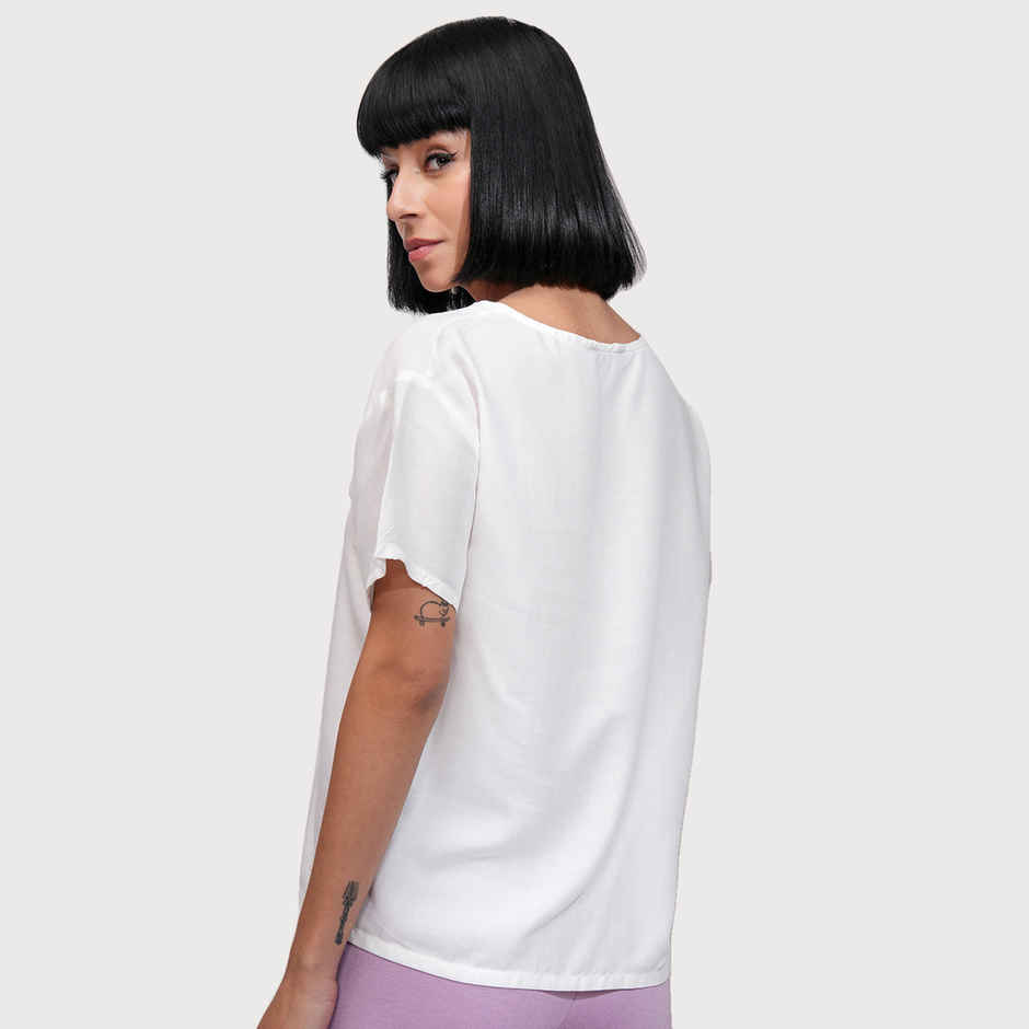 Tokyo Talkies Women's Graphic Printed Round Neck T-Shirt | White and Light Blue - S