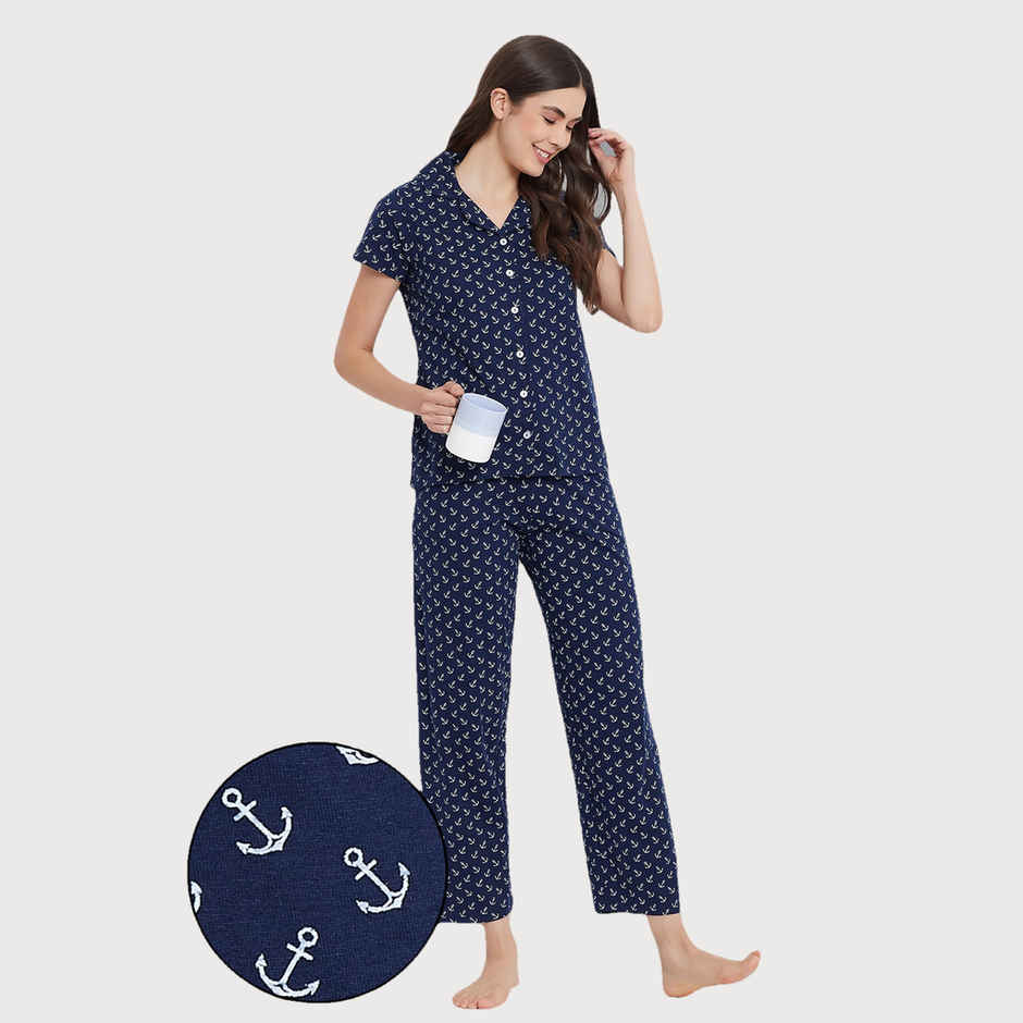 Clovia Button Down Anchor Print Shirt & Pyjama Set - Cotton | Blue | L