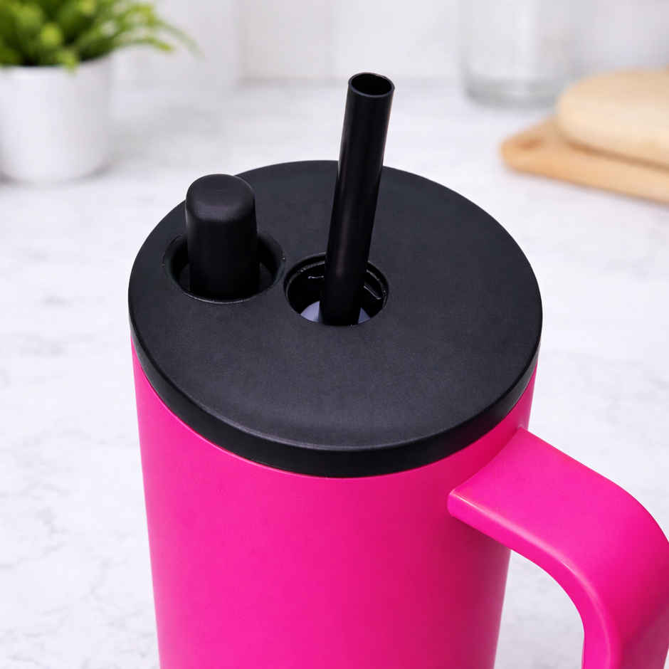 DesignLand Insulated Travel Mug with Handle and Straw Lid Leakproof Tumbler Bright Pink | 1200 ml
