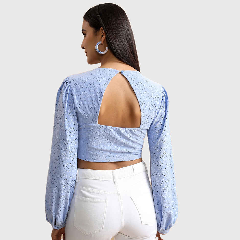 Ketch Women's Self Design Round Neck Crop Top | Blue - XL