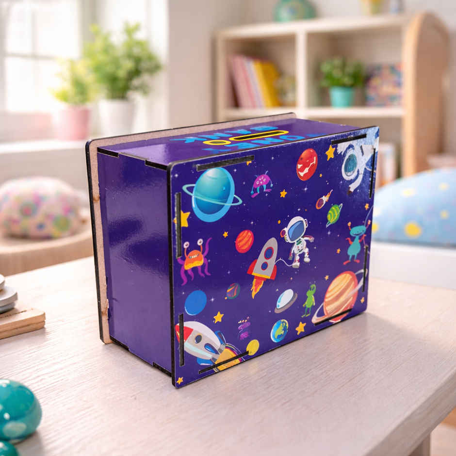 Fablue Space Theme Wooden Money Bank for Kids Blue