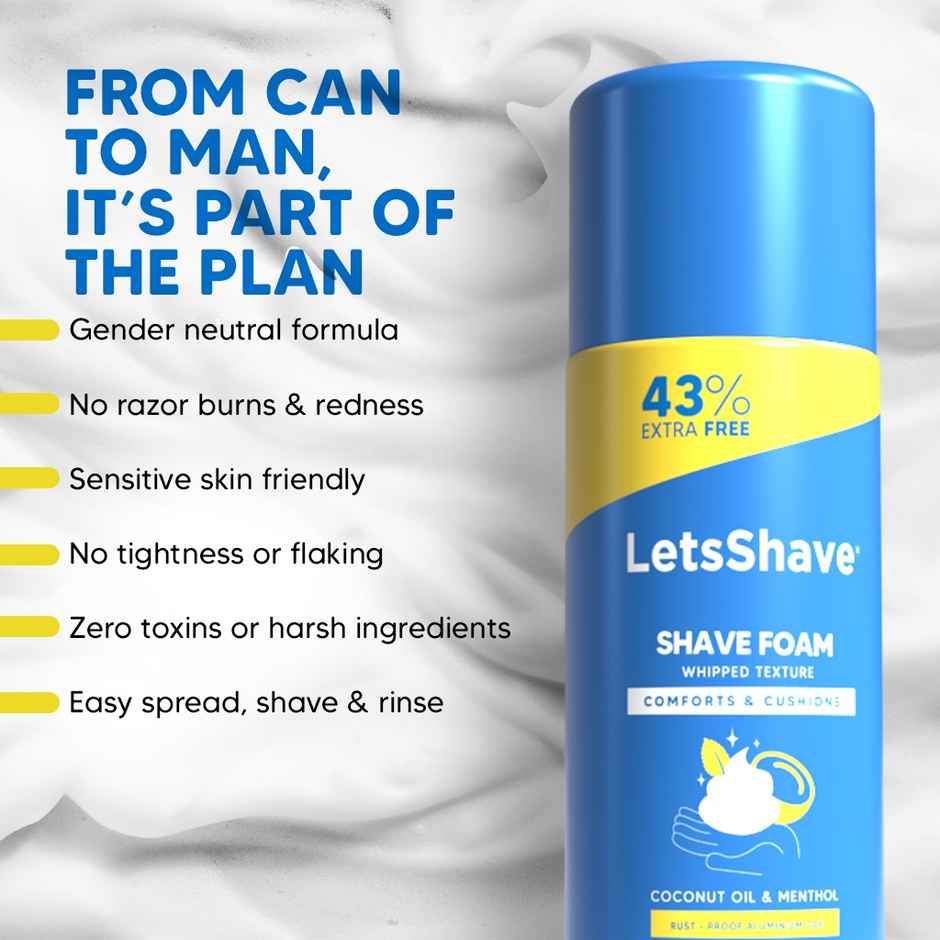 LetsShave Sensitive Shave Foam | Paraben & Sulphate Free, Coconut Oil & Menthol, Rust-Proof Can