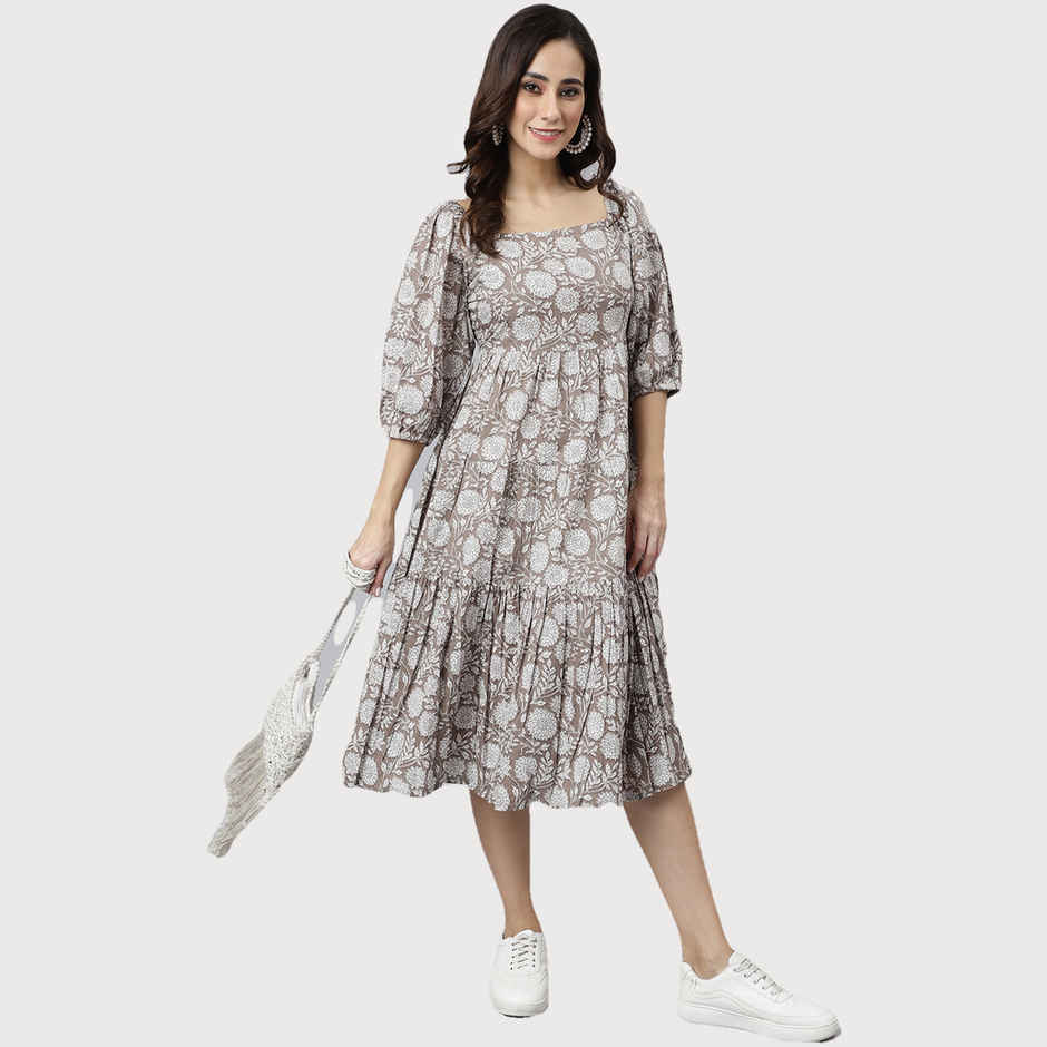 Janasya Women's Grey Pure Cotton Floral Printed Flared Dress - S