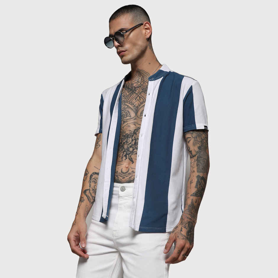Campus Sutra Men's Striped Cotton Shirt | Blue - XL