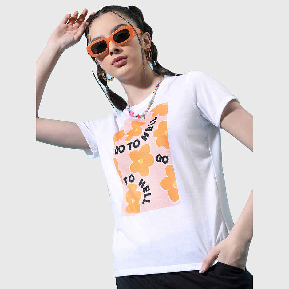 Tokyo Talkies Women's Floral Printed Round Neck T-Shirt | White - S