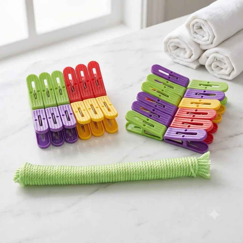 Swastik Houseware Premium Plastic Cloth Clips With Rope - 10 m | Colour May Vary