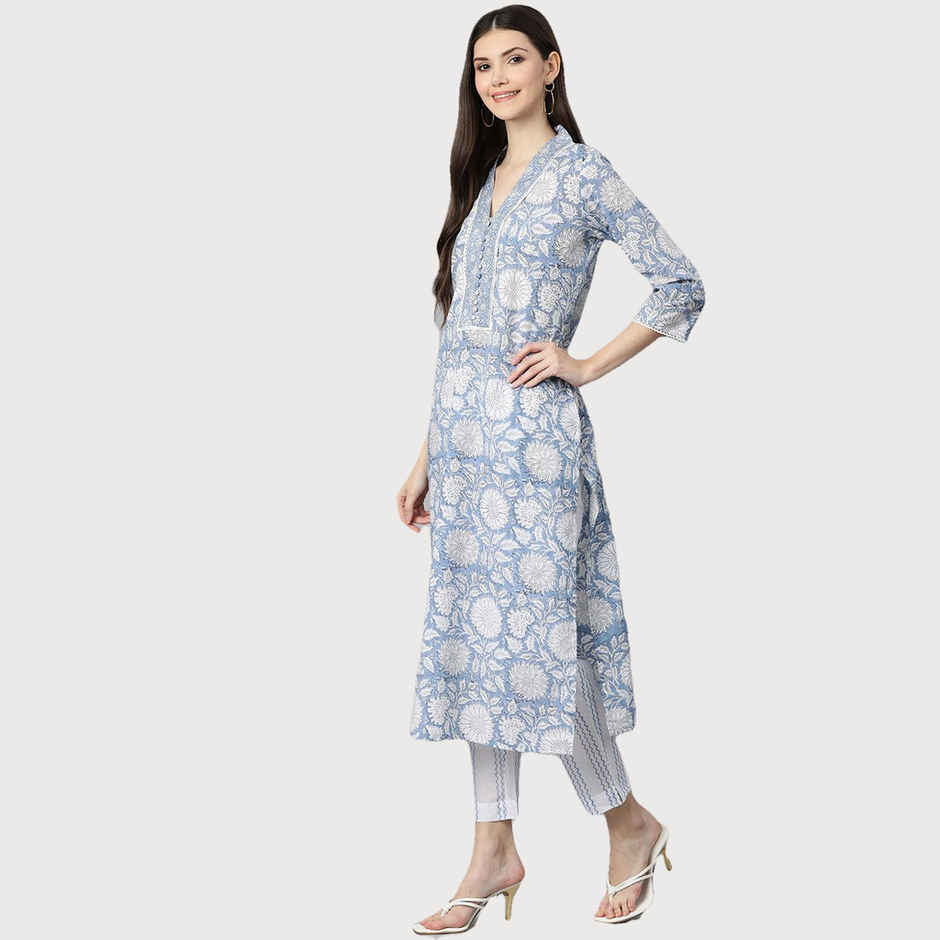 Divena Women s Sky blue Hand Block Printed Straight kurta Pant Set with Dupatta | DK0755 | M