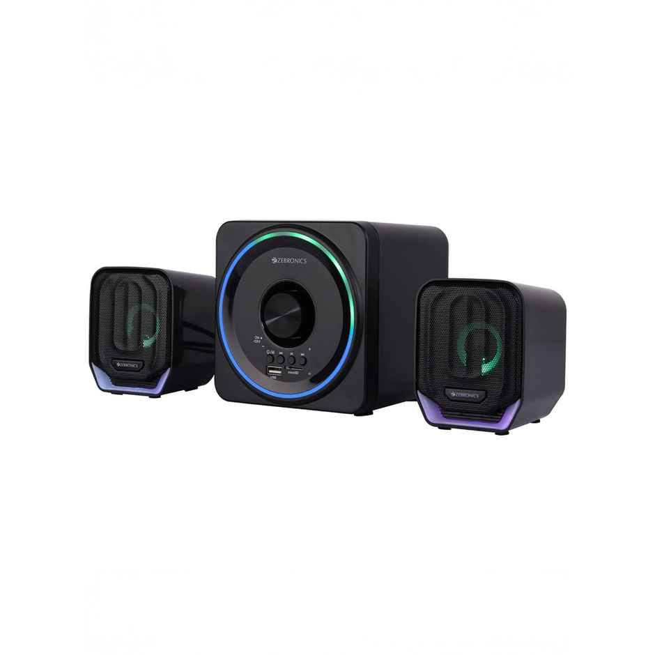 Zebronics Pluto 2, 2.1 Channel Speaker, 15W Output, BT 5.0, USB, mSD, FM, 3.5mm Jack Input, RGB - Black