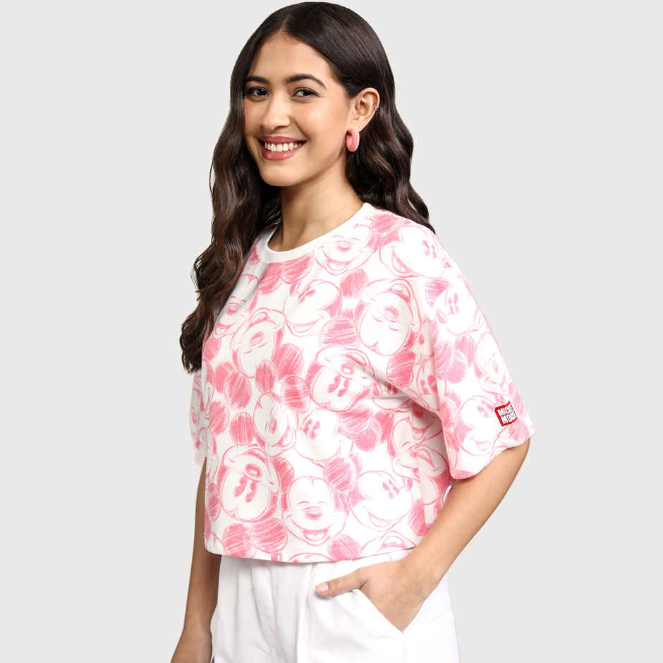 Tokyo Talkies Women's Disney Mickey Mouse Printed Boxy Crop T-shirt | Pink - M