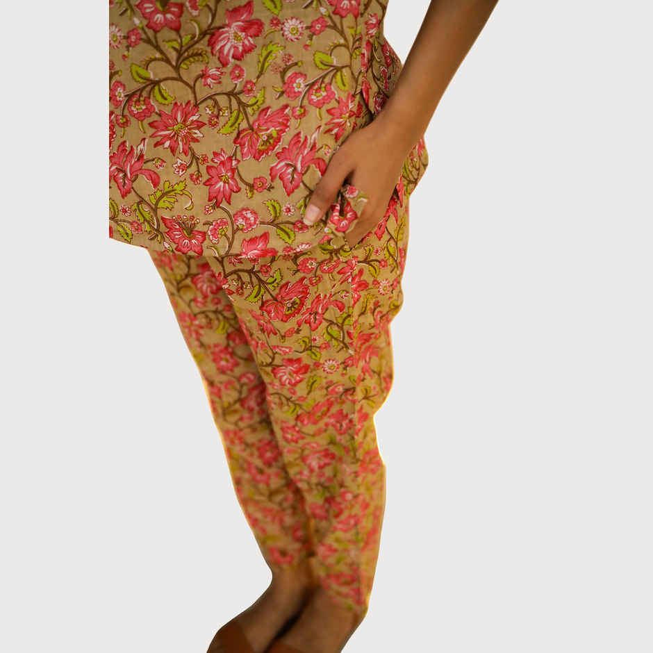 Sanskrutihomes Women Printed Pure Cotton Night Suit | Yellow - Pink | M