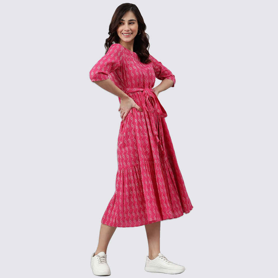Janasya Women's Pink Pure Cotton Woven Design Tiered Dress - M