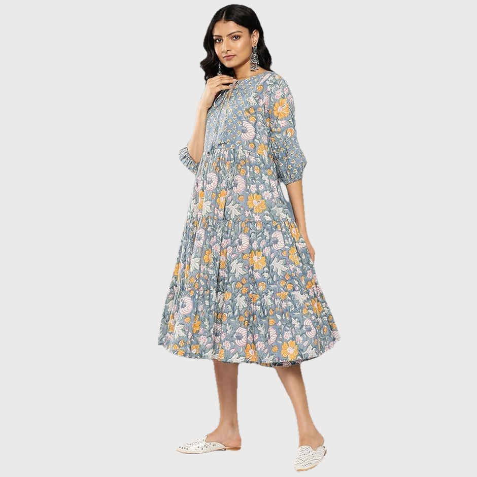 Libas Women Blue Cotton Floral Fit And Flare Midi Dress - 26335S