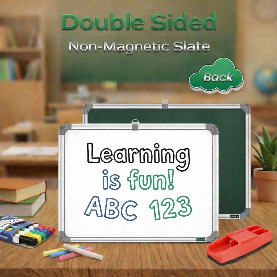 Yajnas Whiteboard & Chalkboard Slate | 1 x 1 Feet | With Marker, Duster & Chalk | White & Green