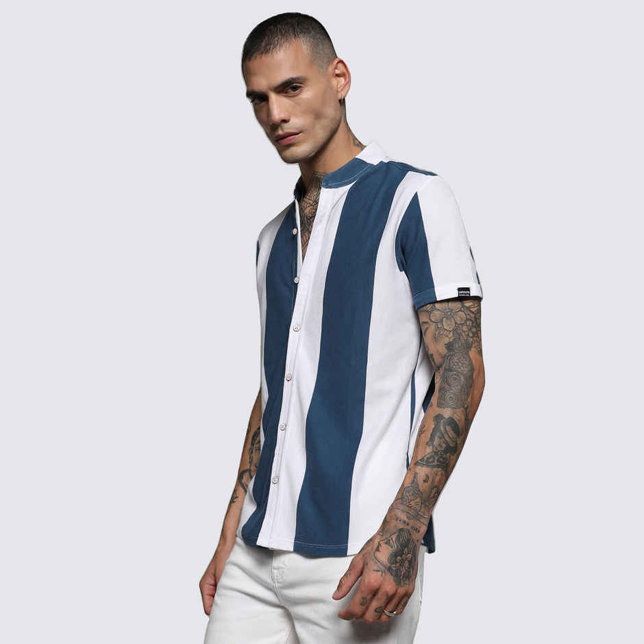 Campus Sutra Men's Striped Cotton Shirt | Blue - XL