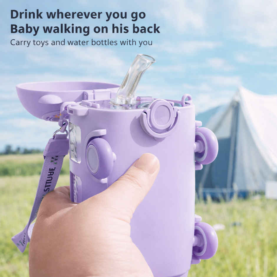DesignLand Kids Bus Shaped Water Bottle with Shoulder Strap | Purple - 550 ml