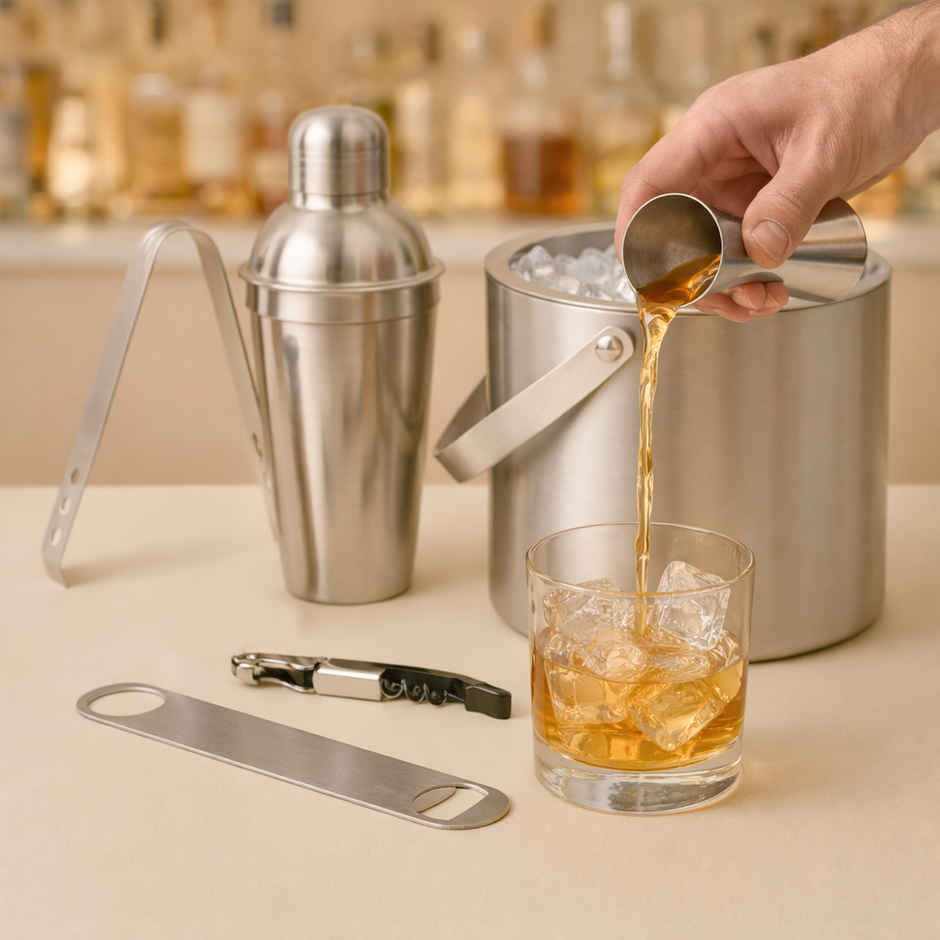 Picfest Complete Bar Set 6 Pc Shaker, Peg Measure, Wine Opener, Bottle Opener, Ice Tong, Ice Bucket