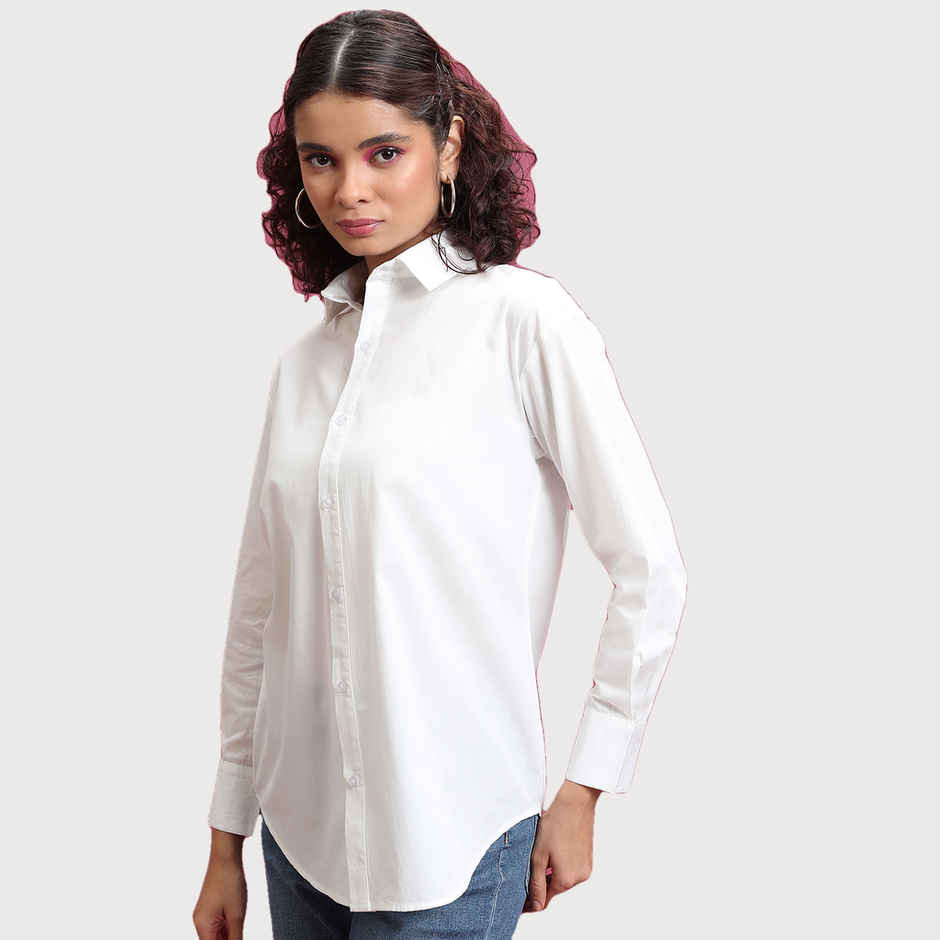 Tokyo Talkies Women's Slim Fit Drop-Shoulder Sleeves Cotton Oversized Shirt | White - XL