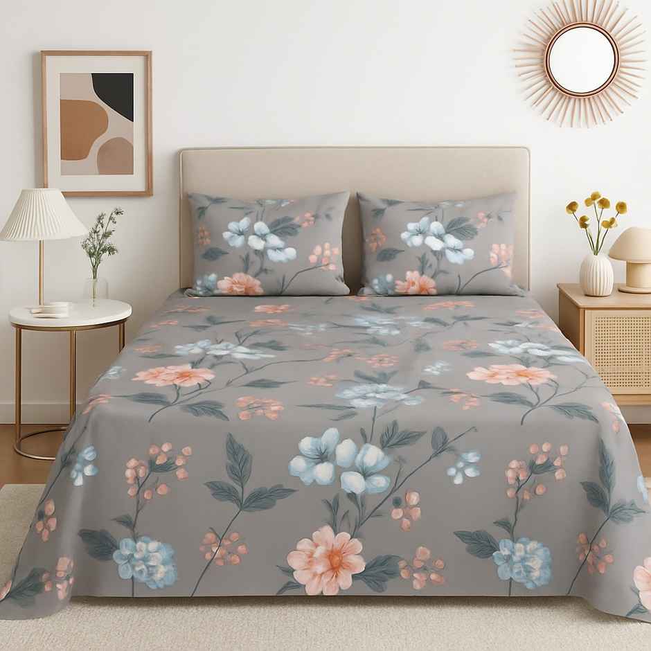 Elegant Weavers Sofia Double Cotton Floral Bedsheet | With 2 Pillow Covers | Grey | 85 x 91 in