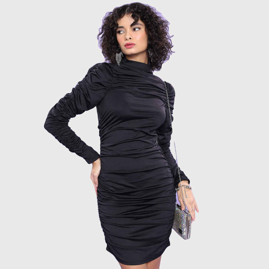 Ketch Women's Gathered Detailed High Neck Long Sleeves Sheath Dress | Black - S