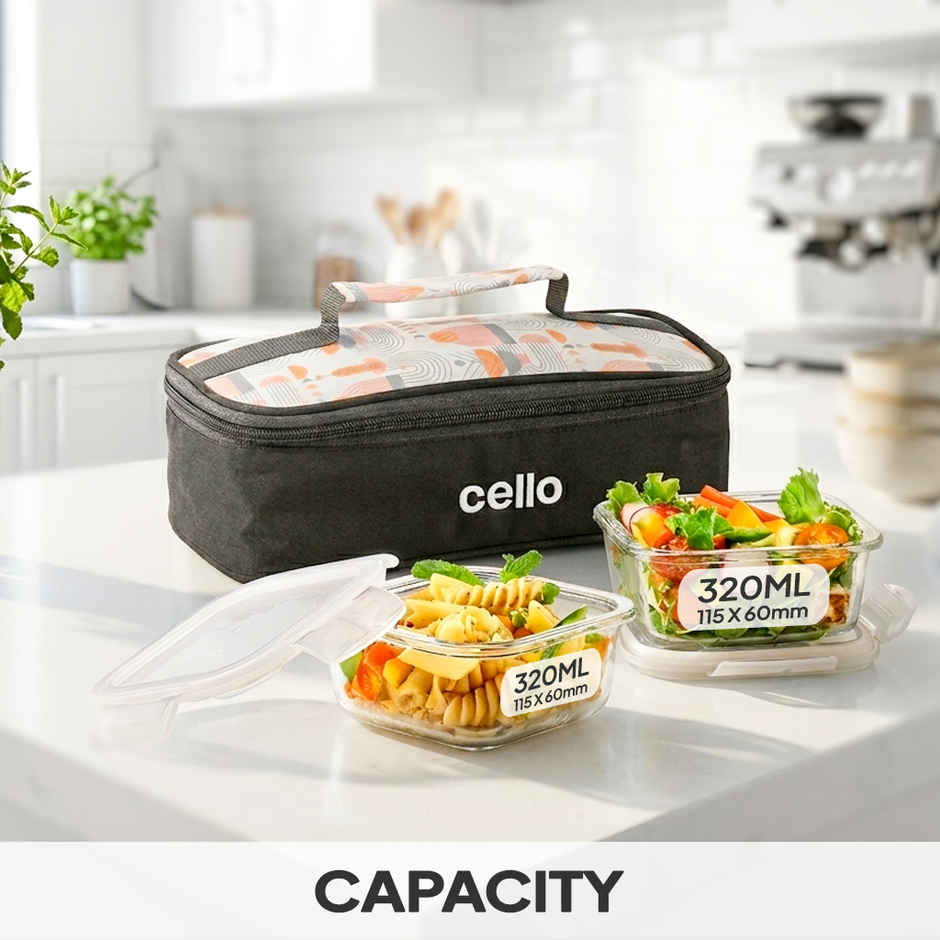 Cello Elegance Glass Lunch Box Set | 320 ml Each | Square Horizontal Design