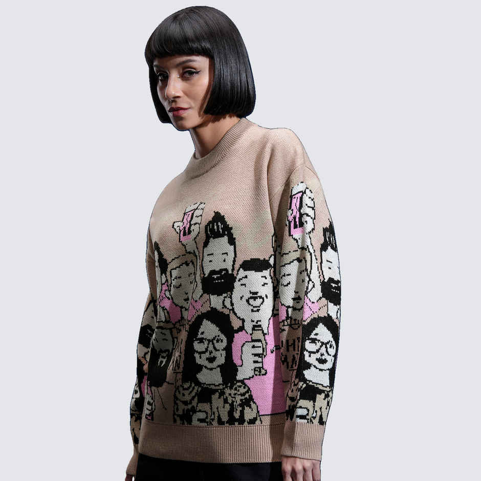 Tokyo Talkies Women's Round Neck Jacquard Printed Sweater | Warm Taupe - S