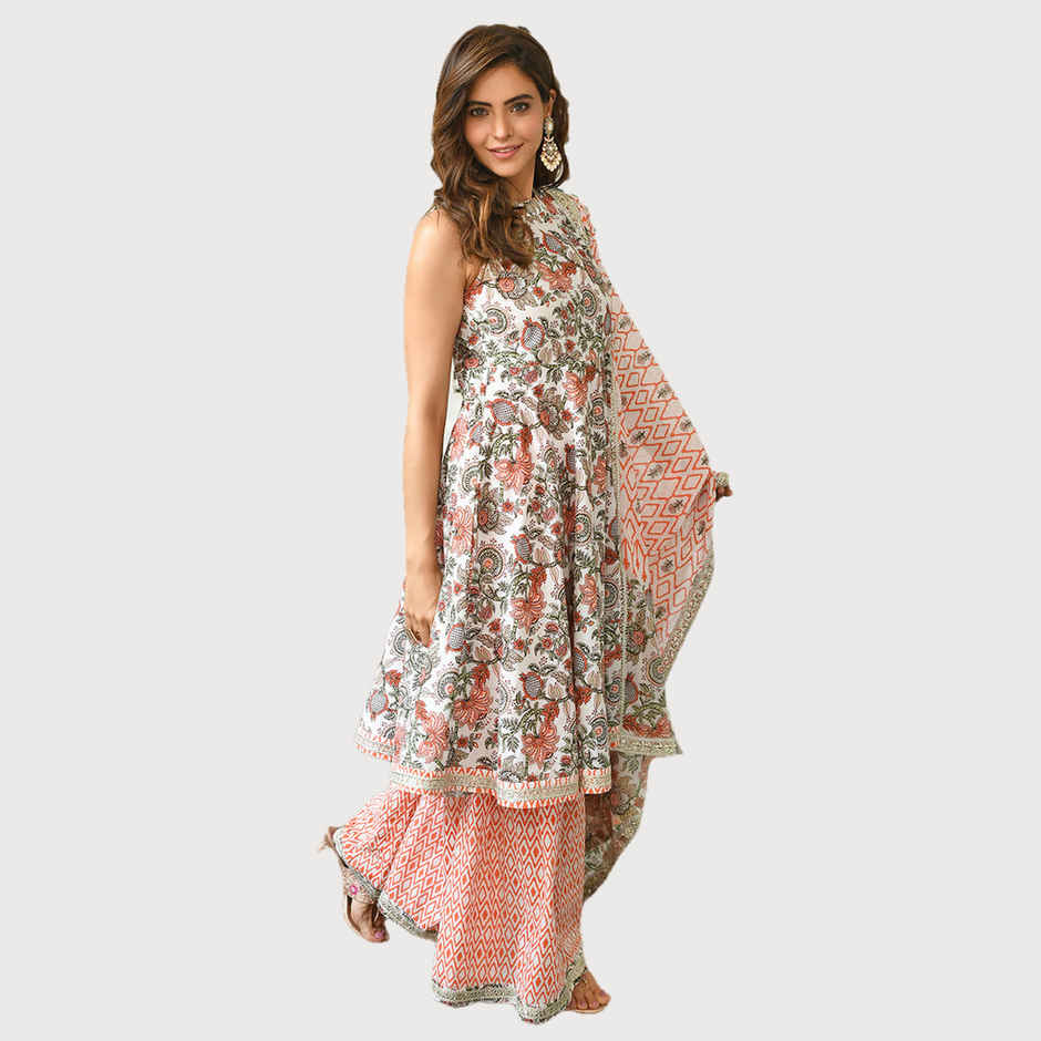 Janasya Women's White Pure Cotton Floral Printed Block Print Kurta with Sharara and Dupatta | S