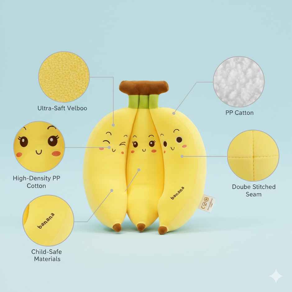 Storio Banana Bunch Pillow Soft Toy for Kids Huggable Plush Doll Room Decoration | 30 cm