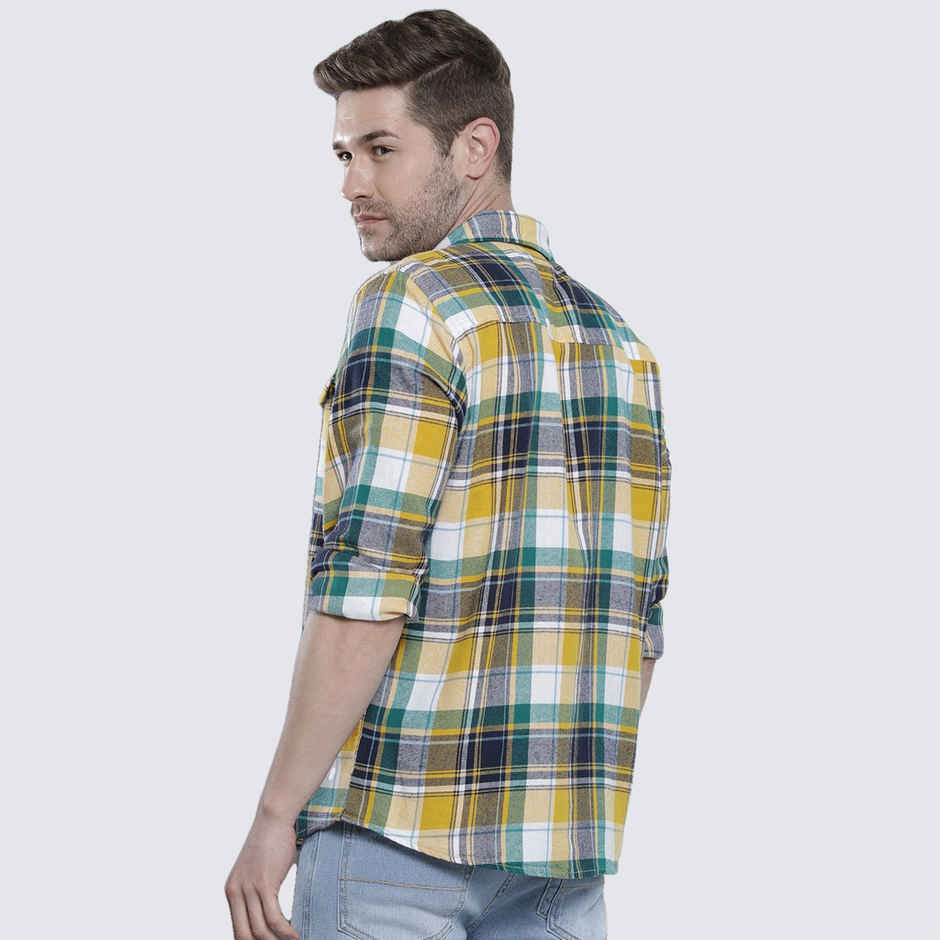 The Indian Garage Co Men's Slim Fit Checked Casual Shirt | Yellow - M