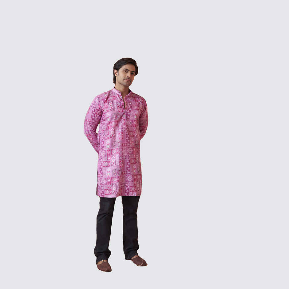 House Of Festivals Men's Printed Cotton Blend Long Kurta | Purple - S