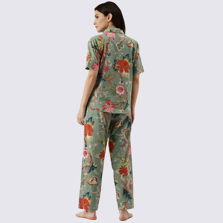 Sanskrutihomes Women's Pure Cotton Night suits | SE-NSP-016 | Green - M