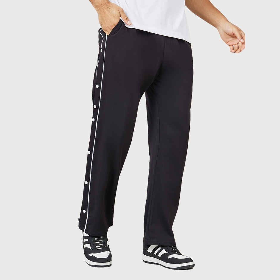 Styli Men's Open Hem Joggers with Contrast Piping and Popper | Black - L