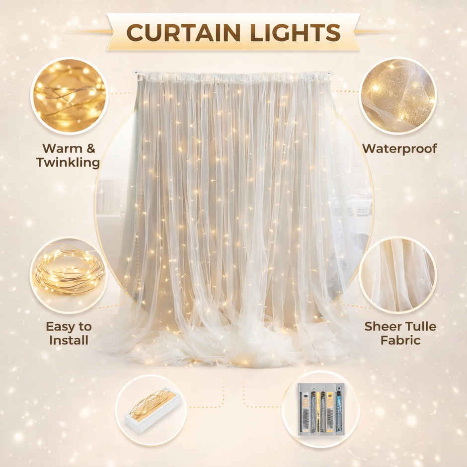 Festive Birthday Decoration Kit 5Pcs with Net Curtains | LED Light & Ribbon | BeyondLuv