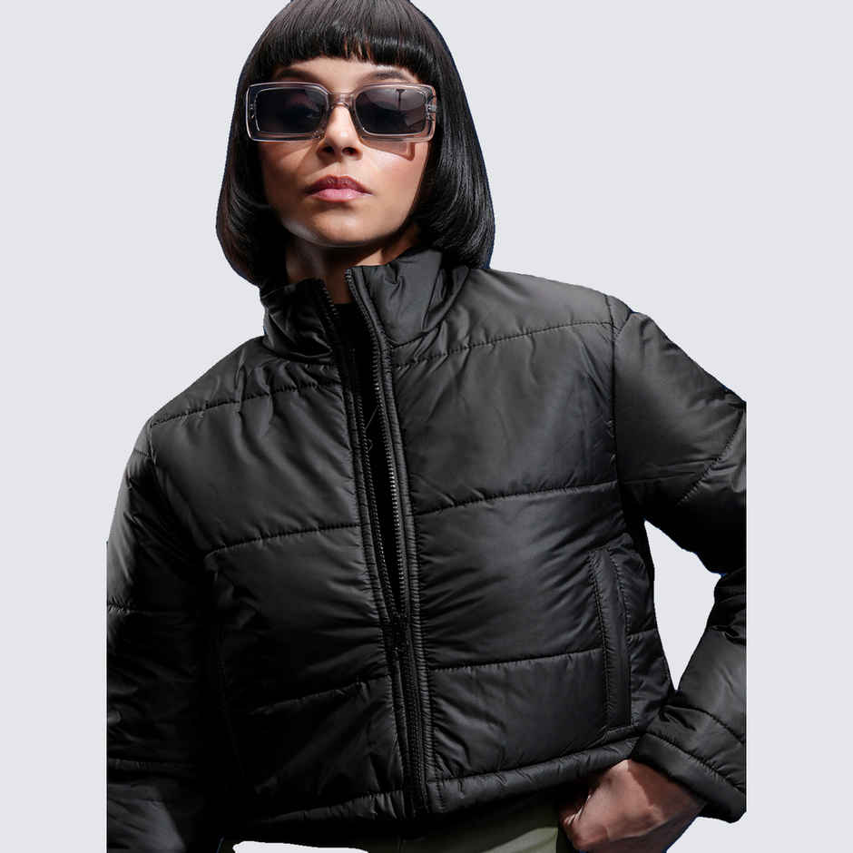 Tokyo Talkies Women's Mock Collar Solid Casual Puffer Jacket | Black - M