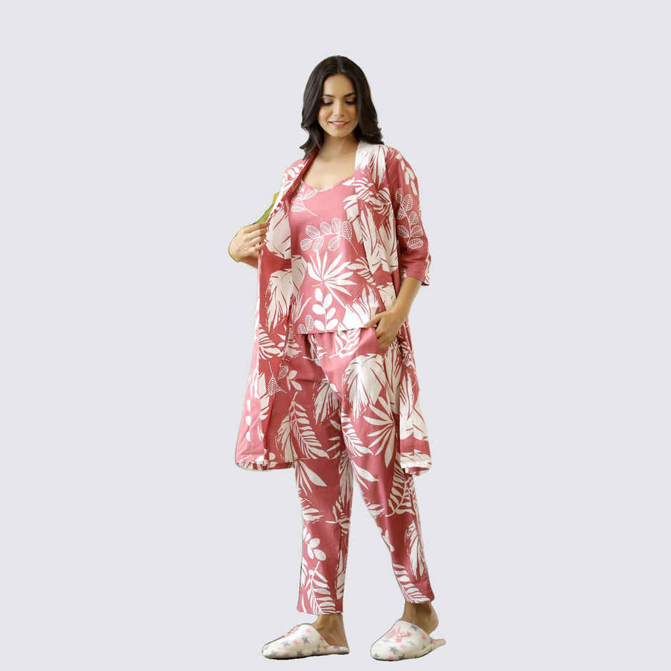 Sanskrutihomes Women's Printed Pure Cotton Night Suit | Pink - S