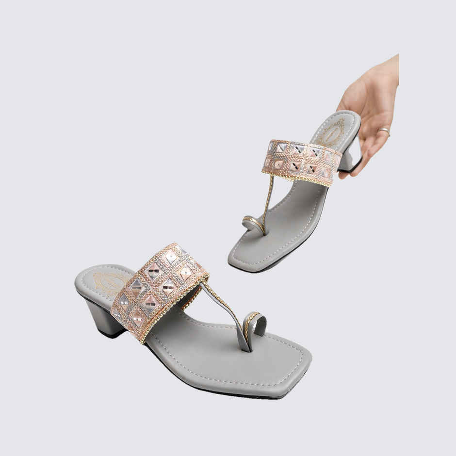Shoetopia Classic Grey Kolhapuri Heels For Women | UK 5