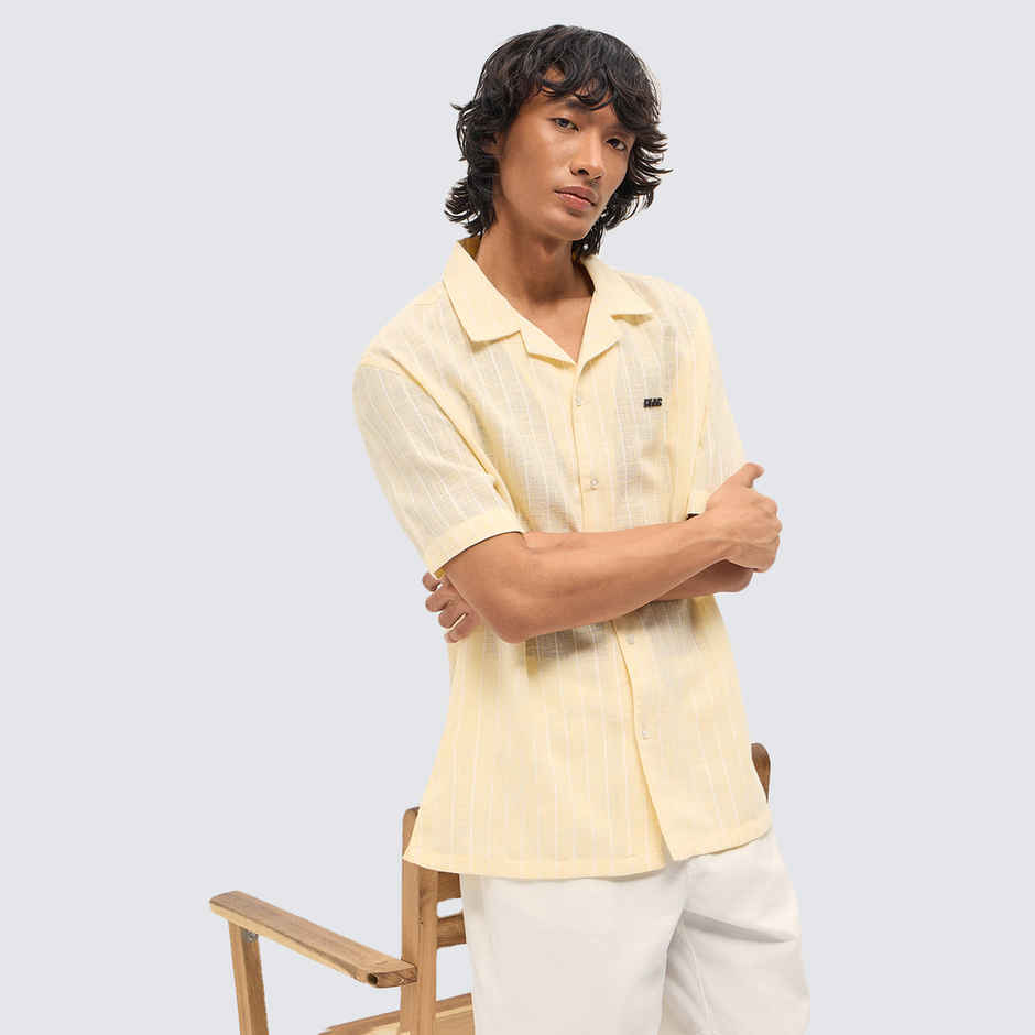The Bear House Men's Vertical Textured Stripe Relaxed Fit Half Sleeve Casual Shirt |Light Yellow-S