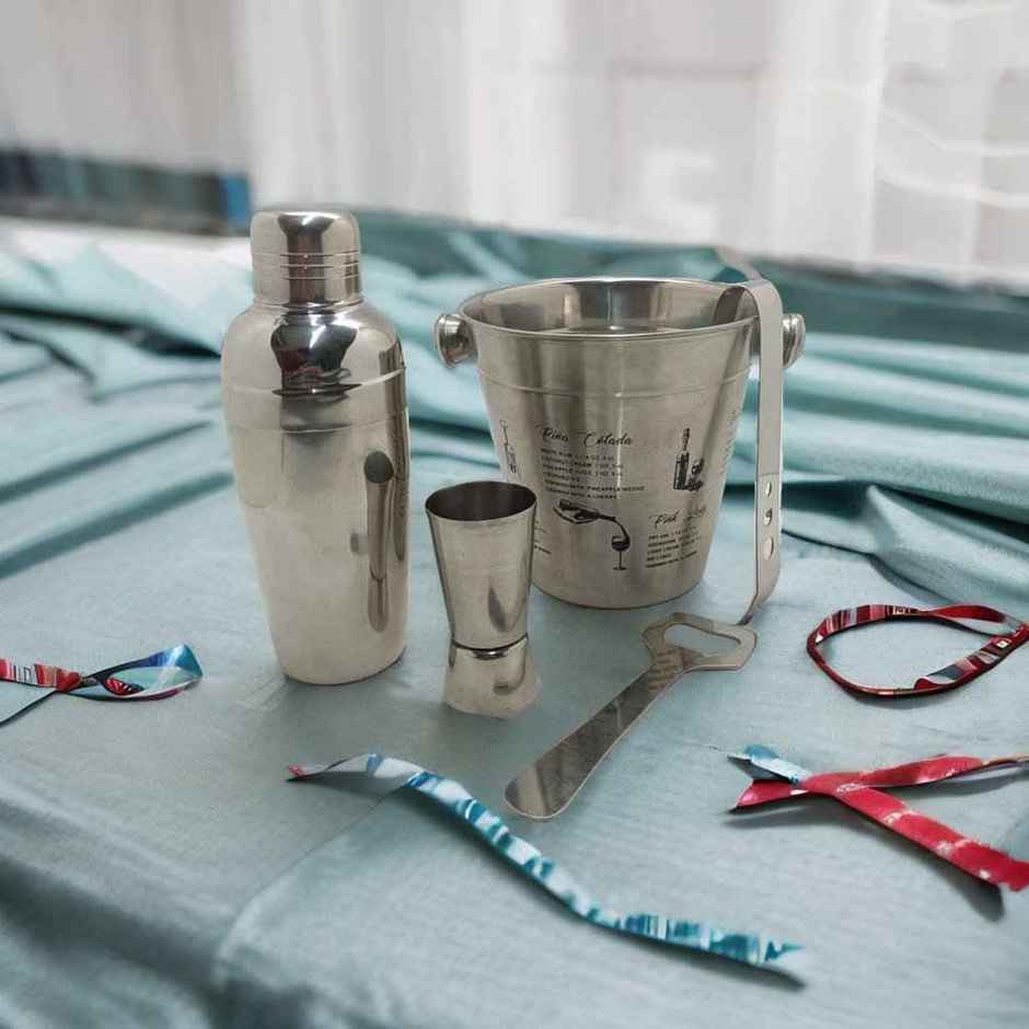Roxx Gracia Bar Tool Set | Stainless Steel | Shaker | Jigger | Tong | Ice Bucket | Opener | Silver