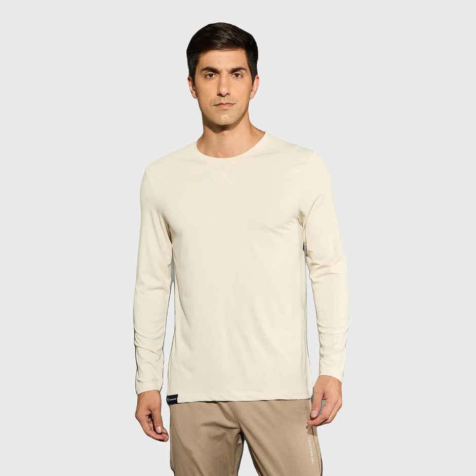 Technosport Men's Poly Solid Slim Fit Round Neck Full Sleeve Sports T-shirt | Oat Meal - S