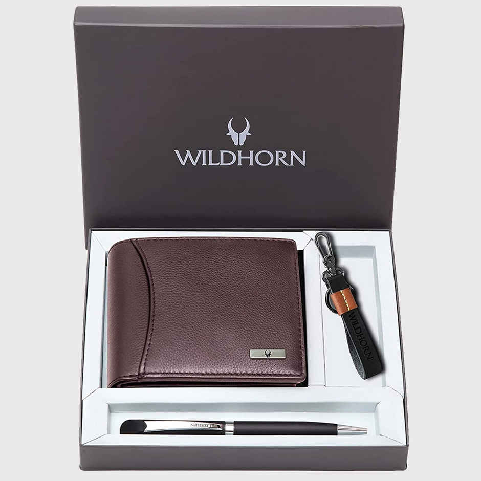 Wildhorn Men's Solid Genuine Leather Gift Set | Brown - One Size